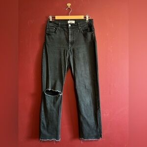 Reformation Black Straight Leg Jeans with Knee Rip
